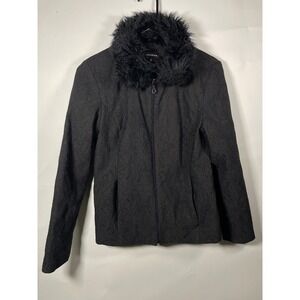 Y2K Black Paisley Textured Jacket Faux‎ Fur Collar Full Zip Small Cheetah Girl